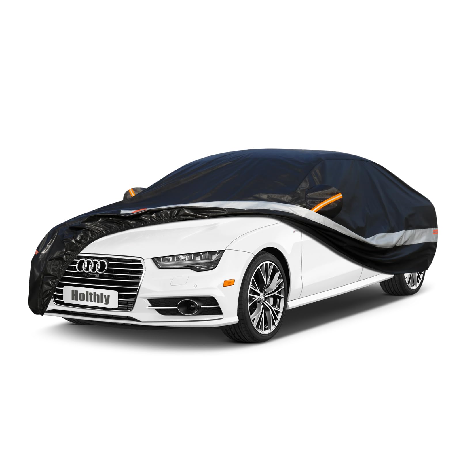 Holthly 10 Strati Copri Auto Felpato 100% Impermeabile,Telo Copriauto Antipolvere Antigraffio Anti UV Sole,Telone Auto per Audi A8/S8, Alpina B7, BMW 7 Series, Mercedes S Klasse, Jaguar X. Nero C9