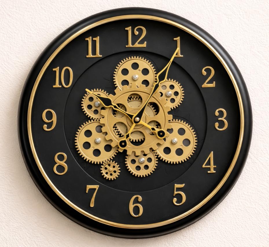 Image of Analog Moving Gear Wall Clock, Plastic Body, Rotating Gears, Battery Operated (Width: 40 Cm) 16 x16inch Diameter (Black Golden)