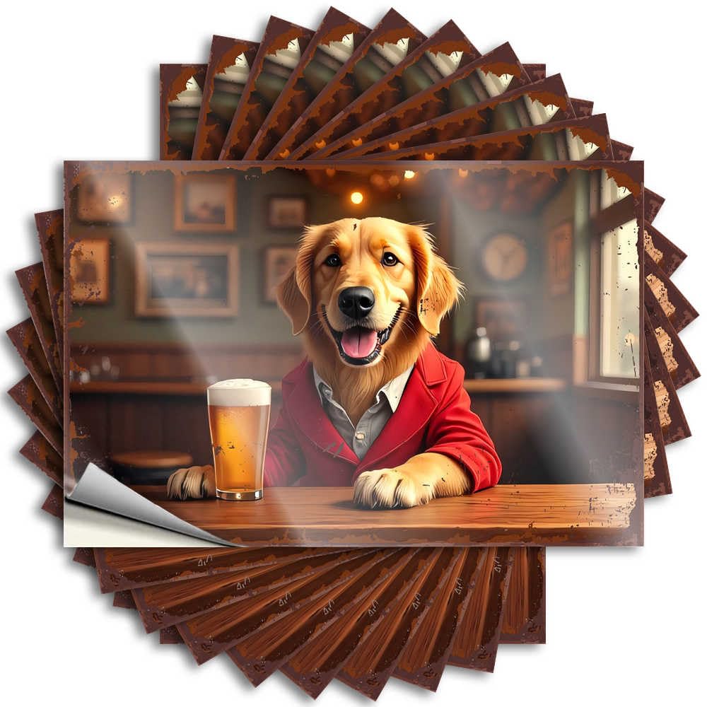 Stickers - Rock Cover Golden Retriever Enjoying A Pint in Cozy Pub for Tiki Goods(6X9CM)
