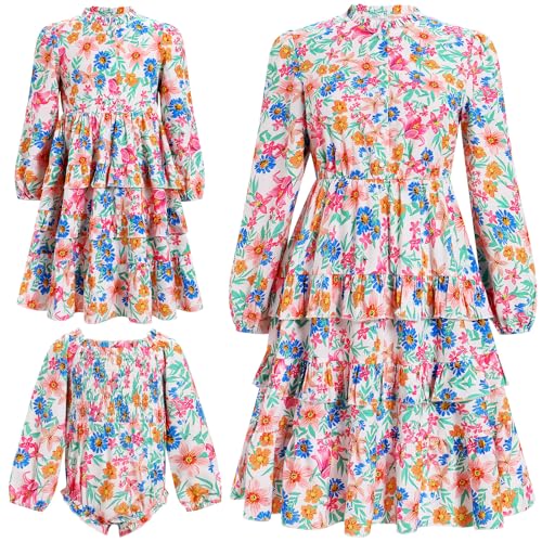 AWIBMK Mommy and Me Matching Dress Long Puff Sleeve Boho Floral Heart Print Tiered Hemline Dress Valentines Matching Outfits