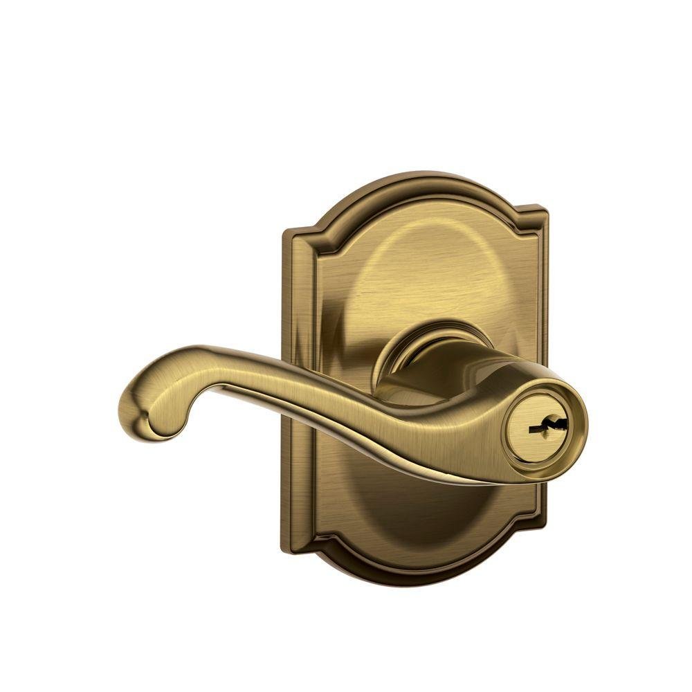 Schlage F51A FLA 609 CAM Camelot Collection Flair Keyed Entry Lever, Antique Brass