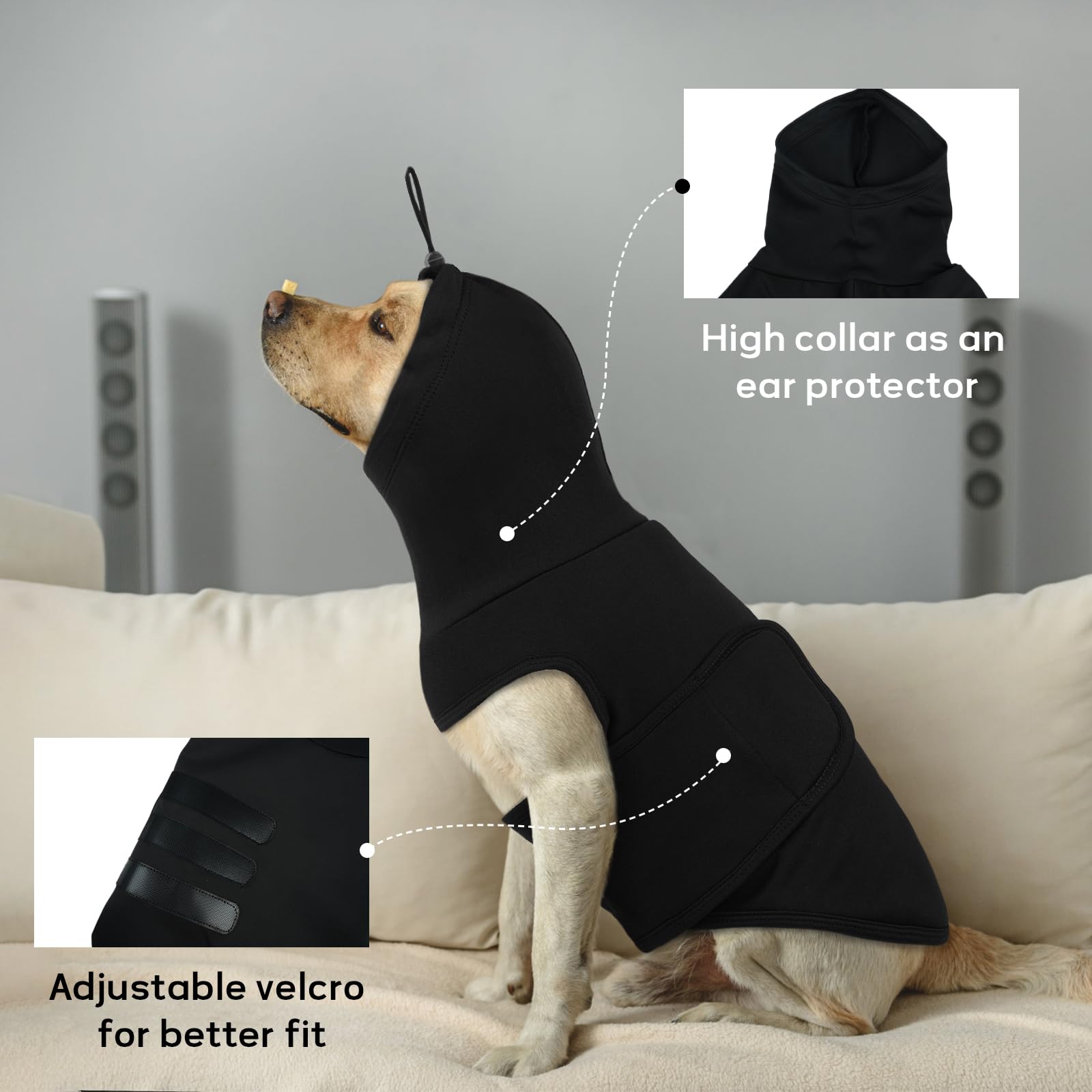 Cappottino Calmante per Cani - Giacca Antistress con Copri Orecchie, Cappotti Elastico per Ansia per Cani Giacca Calmante per Ansia da Fuochi d'Artificio, Tuono, Nero XS