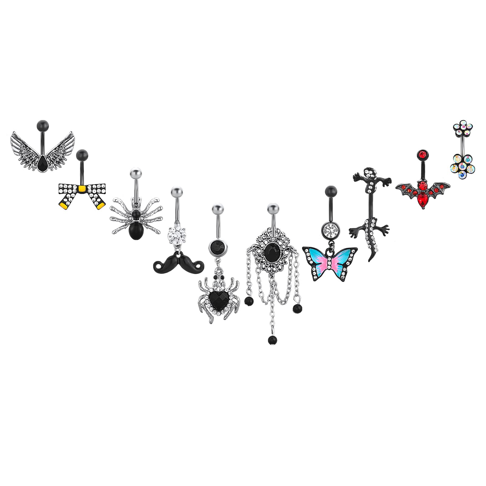 NEWITIN 10 Pieces 14G Belly Button Rings for Women Navel Ring Body Piercing Jewelry Set 316L Surgical Steel Inlaid Cubic Zirconia Belly Dangle Rings for Women