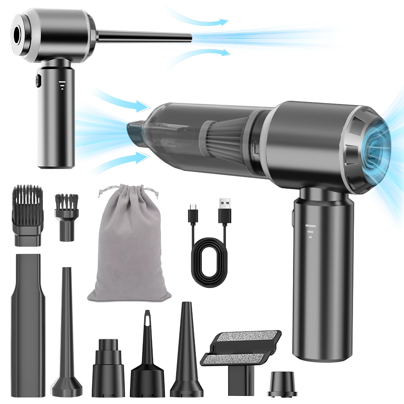 20000PA Portable Handheld Cordless Vacuum Cleaner & Air Duster, High Power with Brushless Motor, 3-Speed Modes, 6000mAh Battery , Washable HEPA filter for Car, Home, Office & Camping (6653P-GREY)