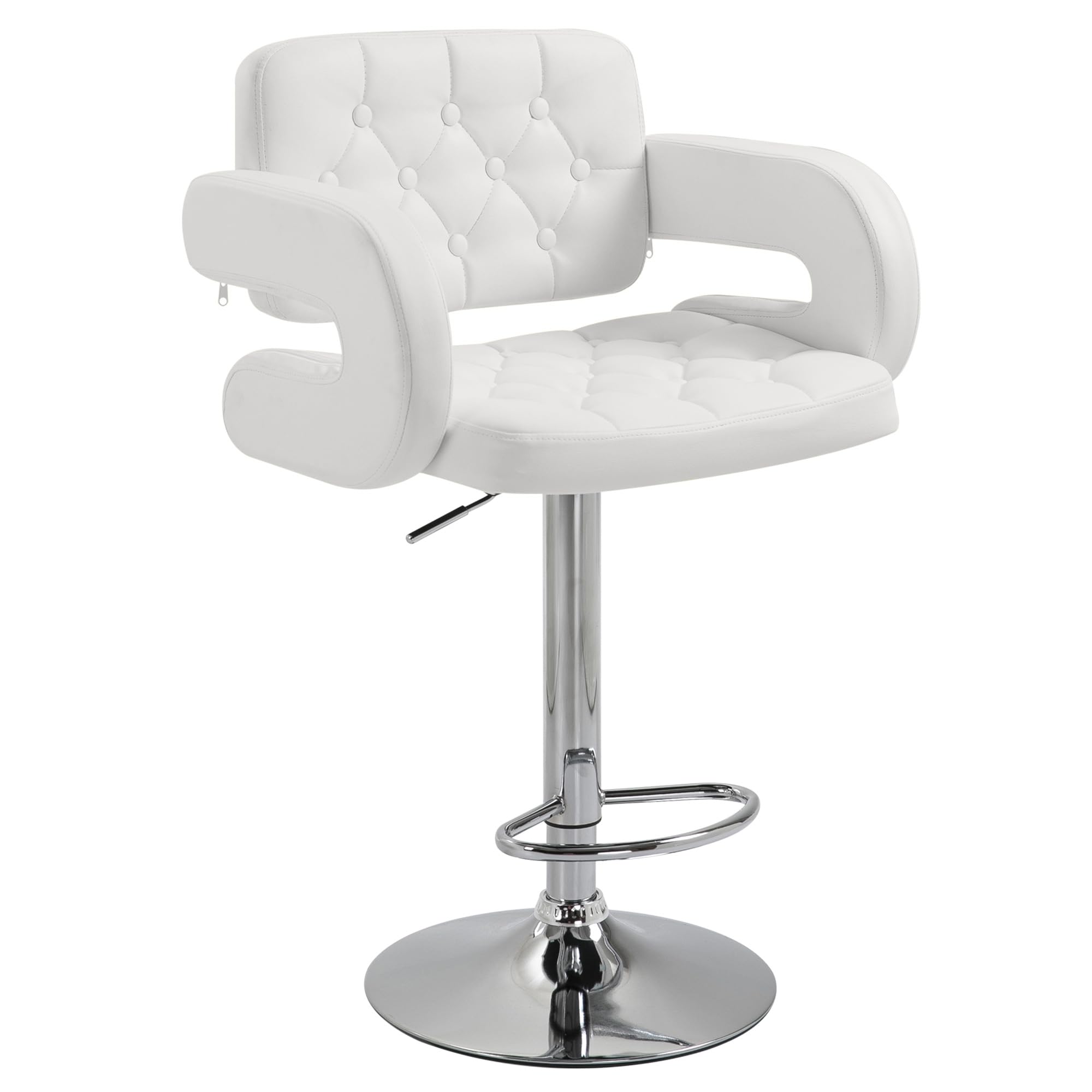HOMCOM Bar Stool, 360° Swivel Bar Chair, Height Adjustable with Padded Backrest, Footrest and Armrest, Kitchen High Chair in PU and Metal for Dining Room, Counter, White