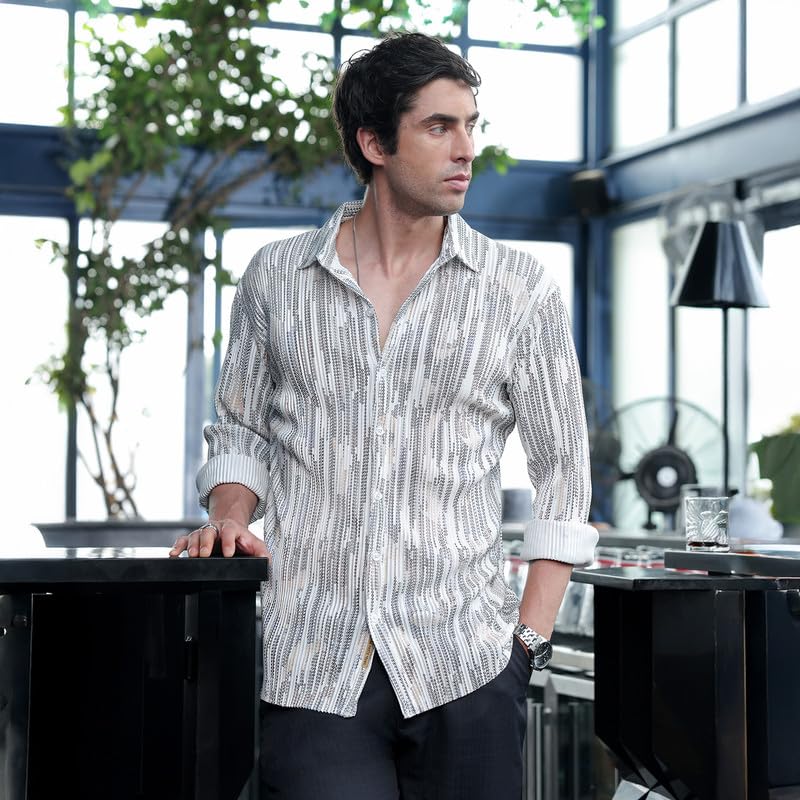 Image of CAHOOT Men Shirt | Spread Collar, Long Button-Cuff Sleeves | Button, Curved Hem | Geometric Print Pleated | Woven Fabric for Casual Ivory White