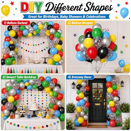 Image of Multicolor Balloons, 60Pcs Red Yellow Blue Balloon, 12 Inch Latex Colorful Metallic Silver Green Black Red Blue Yellow Confetti Balloons Helium for Baby Shower Kids Birthday Wedding Party Decorations