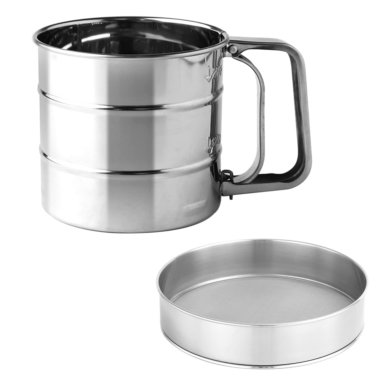 Sitko do mąki z nierdzewnej stali z uchwytem – jednoręczne sitko do mąki i cukru pudru, drobne sitko do pieczenia, Ø15cm, pojemność 250g – 9,2cm x 10cm, w zestawie dno sitka (Ø15cm)