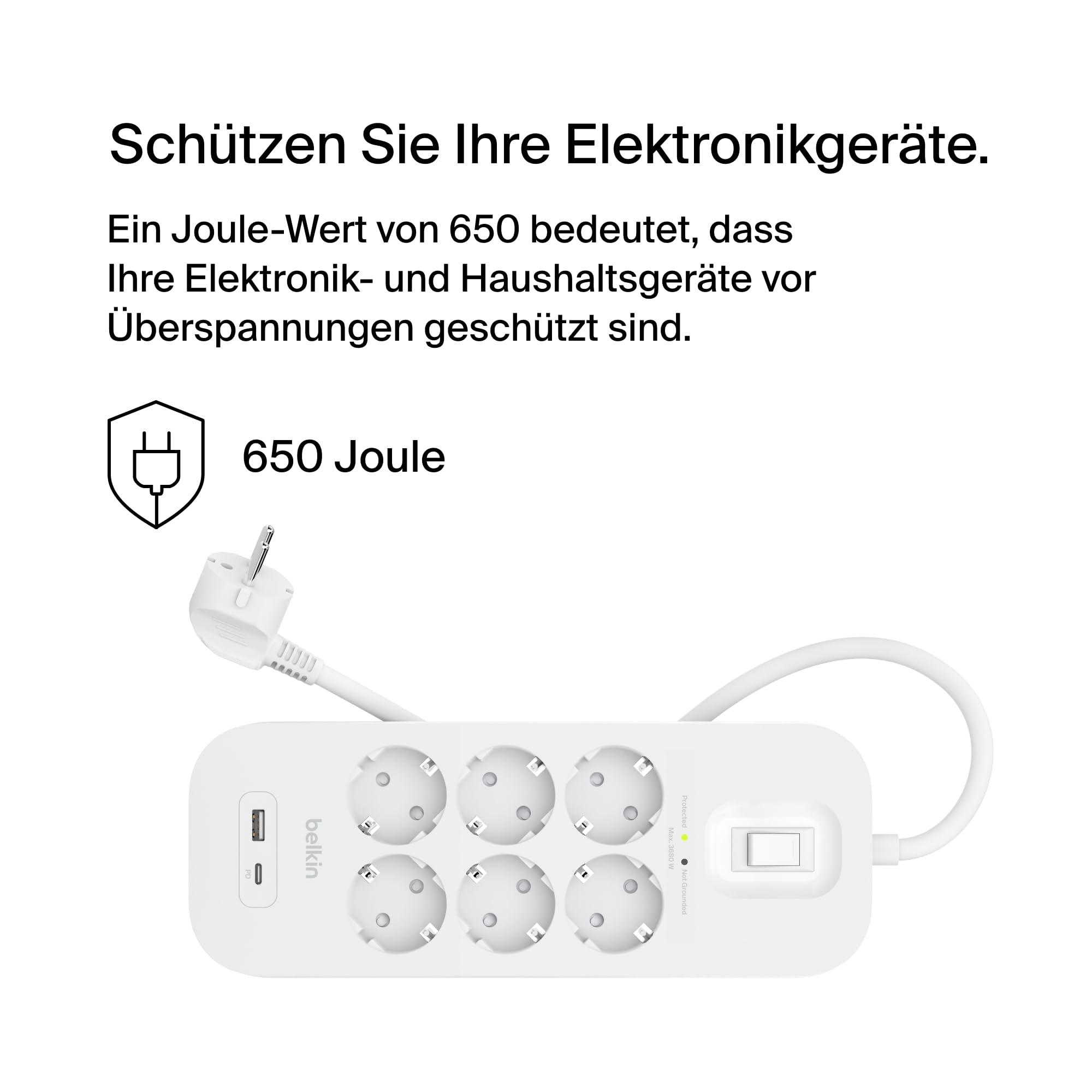 Belkin 6-Fach Steckdosenleiste, Überspannungsschutz, USB-C, USB-A, 2m-Kabel | Verlängerungskabel mit USB-C- + USB-A-Ports, Wandmontage, Mehrfachsteckdose 6fach, 2-m-Netzkabel, 650 J, Kontrollleuchte