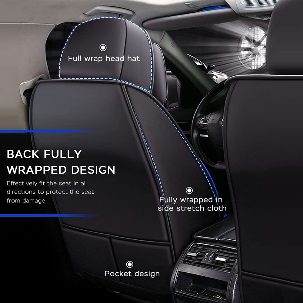 Juego Completo de Fundas de Asiento de Coche para 5 Asientos Delanteros y Traseros, Impermeables, de Piel sintética, Protectores de Asiento de automóvil, cojín M007,Negro y Azul