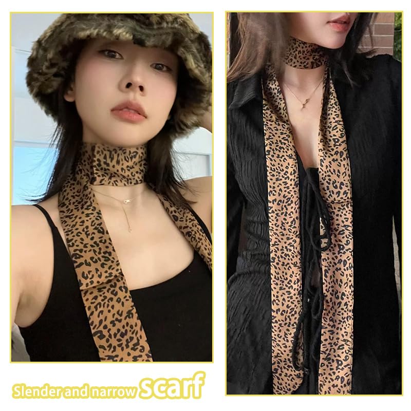 Leopard Print Skinny Tie for Women Hair Scarf Headband Leopard Silk Neck Scarf for Purse Bag Brown Long Thin Neckerchief Belt Slim Headband Long Head Scarfs2