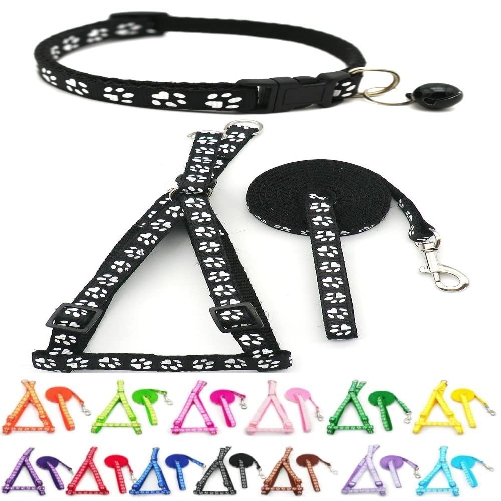 Small Dog Puppy Pet Collar Harness and Lead 3 Piece Set Pawprint Design Nylon Adjustable Neck Size 19-32cm and Chest Size 21-34cm with 120cm Leash Black