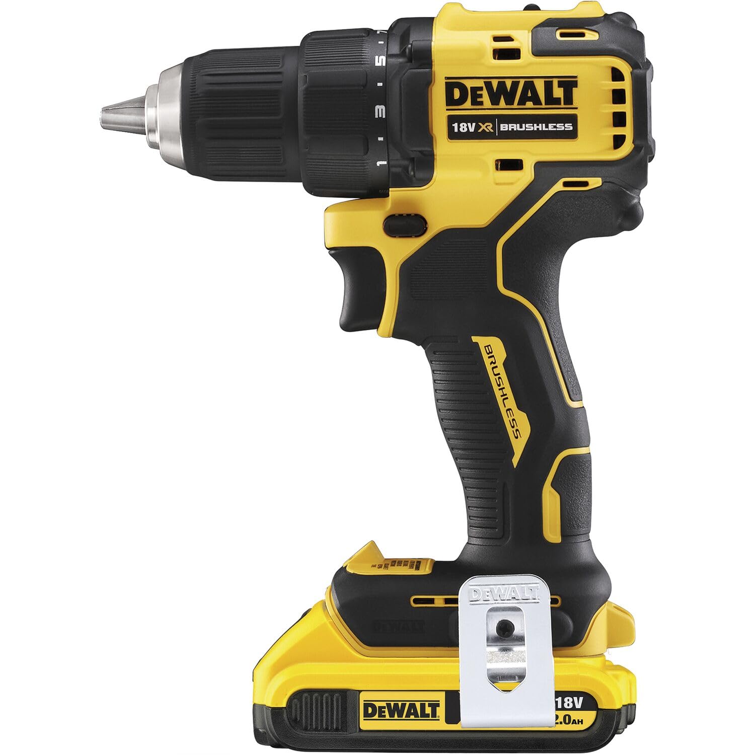 DEWALT Taladro atornillador compacto sin escobillas XR 18V Li-Ion 2 Ah, Sin cable, con maletín TSTAK, luz LED, 2 baterías, Cargador, 2 velocidades (0-450/1650 rpm), DCD708D2T-QW