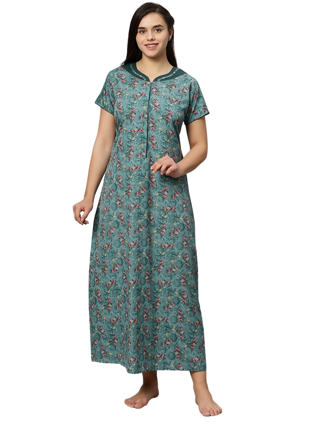 Women's Light Teal Formal Lounge Wear Dress - Poly Cotton, Long, Half Sleeves - 100906-image-2