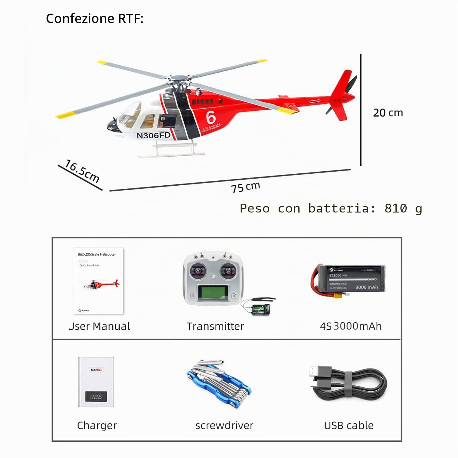 2,4 GHz RC Scale FlyWing Bell 206 Elicottero con rotore a 4 pale, aereo telecomandato, GPS, motore brushless, batteria, RTF (Pronto al volo), drone intelligente come regalo