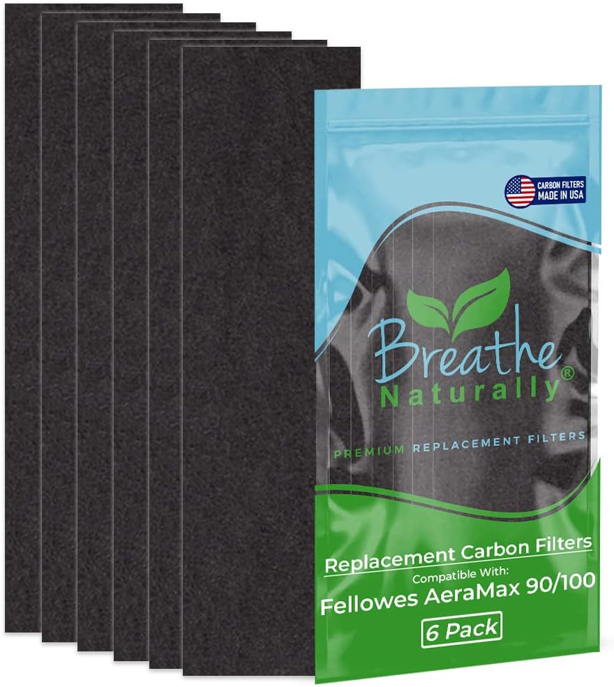 Breathe Naturally - Replacement Carbon Filters for Fellowes AeraMax 90/100 Air Purifiers, Prefilter for Aera Max 100, Fellows Air Purifier Filter Replacement, 4.4 x 0.2 x 16.4 Inches - Black (6-Pack)