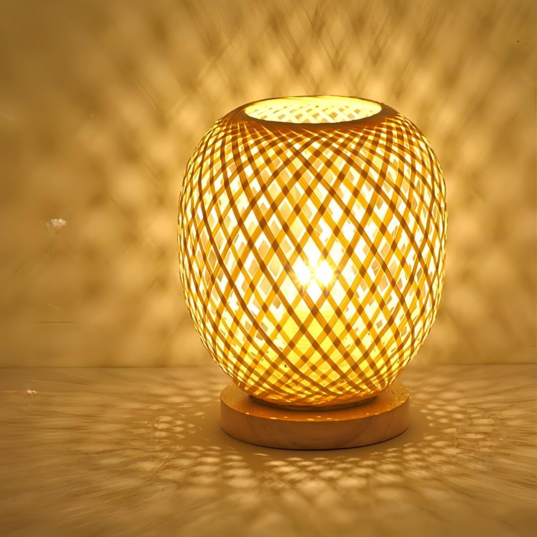 Bamboo Handwoven Bedside Lamp, Warm Rattan Shade