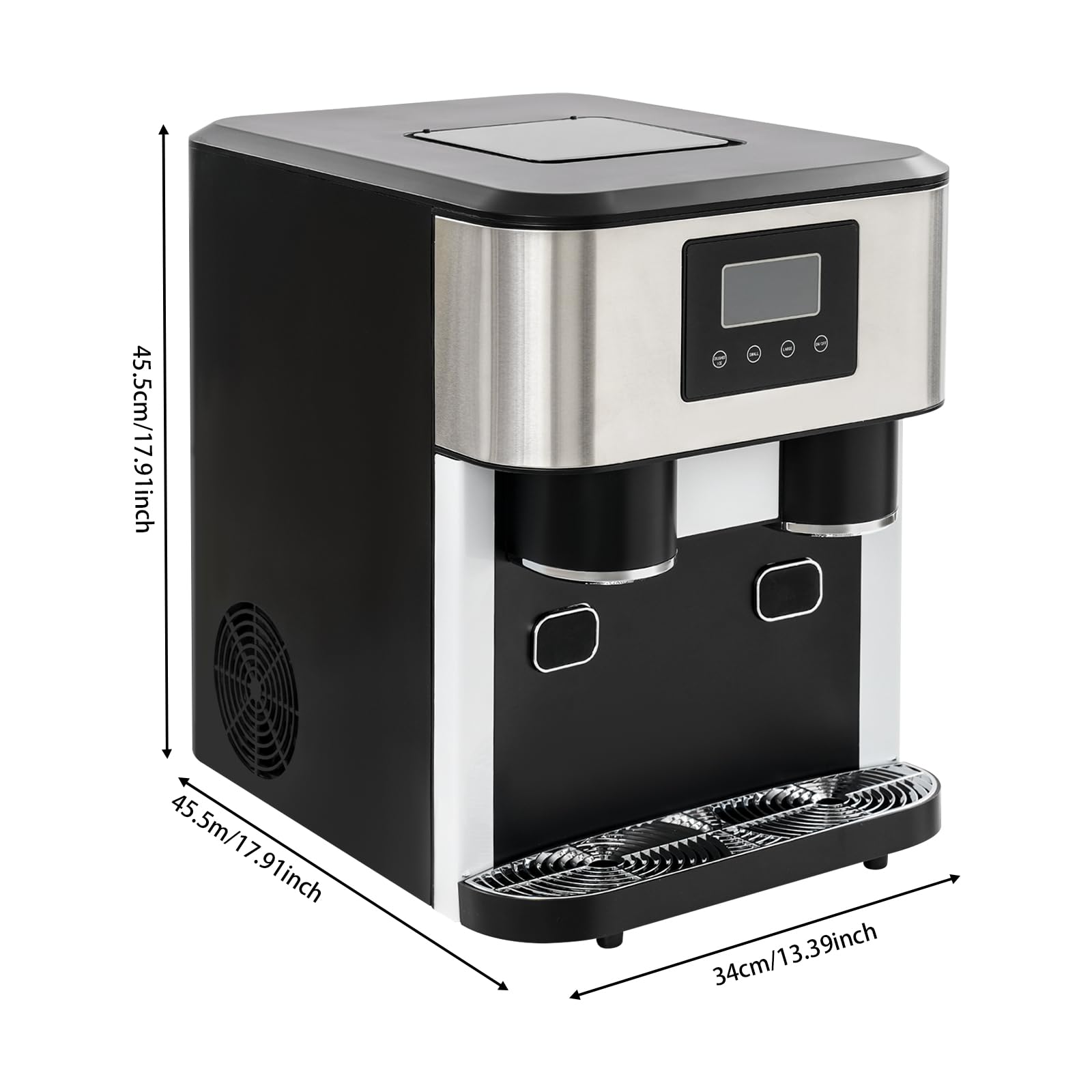 Macchina per ghiaccio 3 in 1, multifunzione, da tavolo, 240 V, con finestra di visualizzazione, cubetti di ghiaccio, ghiaccio tritato, acqua fredda, ciclo di 7-9 minuti, display LCD, in acciaio inox