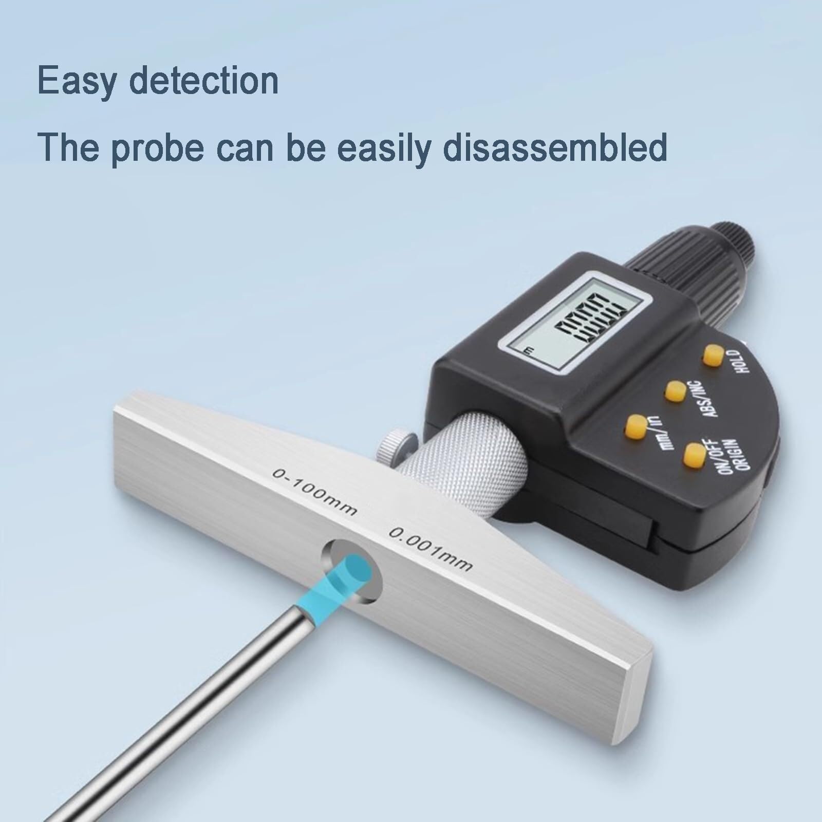 Digital Depth Gauge, Electronic Depth Micrometer with LED Screen, Interchangeable Rods, Resolution 0.00005