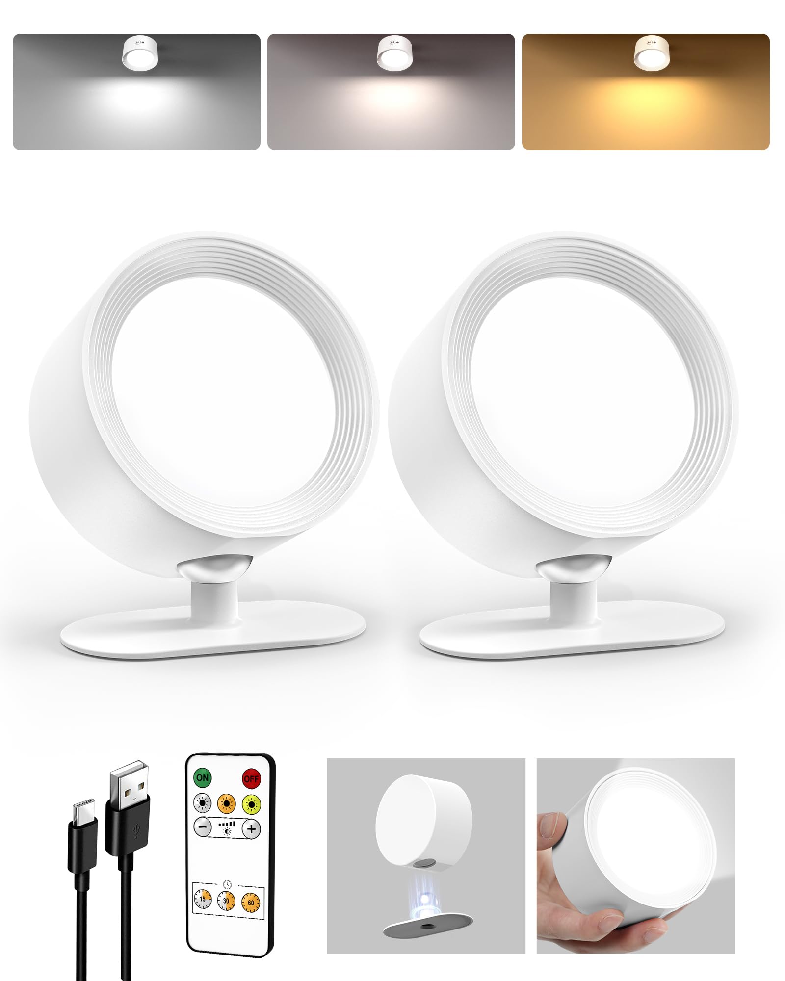 AMETHEUS LED Wall Mounted Lights, Rechargeable Wall Sconces Lamp, 3 Color Temps & Remote and Touch, 360°Rotation Dimmable Cordless Wall Light for Study Bedroom Reading Bedside(White, 2 Pack)