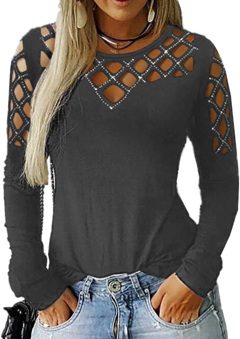 Memorose Women’s Long Sleeve Shirts Sexy Rhinestone Cut Out Cold Shoulder Tops Casual Sparkle Blouse