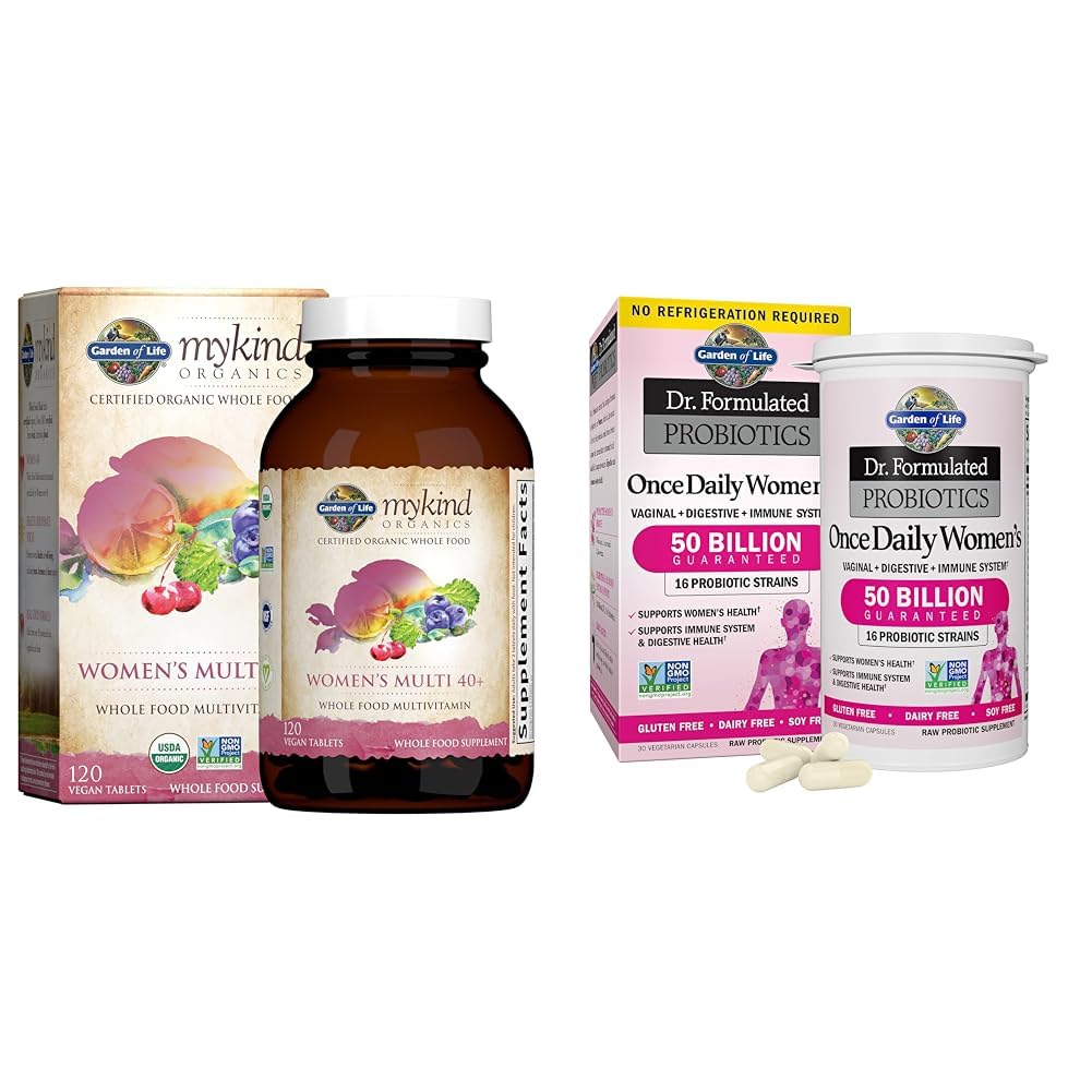 Garden of LifeOrganics Vitamins for Women 40 Plus - 120 Tablets &, Dr. Formulated Women's Probiotics Once Daily, 16 Strains, 50 Billion, 30 Capsules