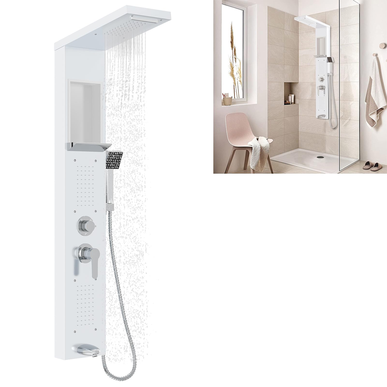 YUENFONG Pannello doccia 5 in 1 in acciaio inox, doccia multifunzione, con doccia a pioggia, cascata, massaggio alla schiena, doccetta, facile da montare a parete, bianco