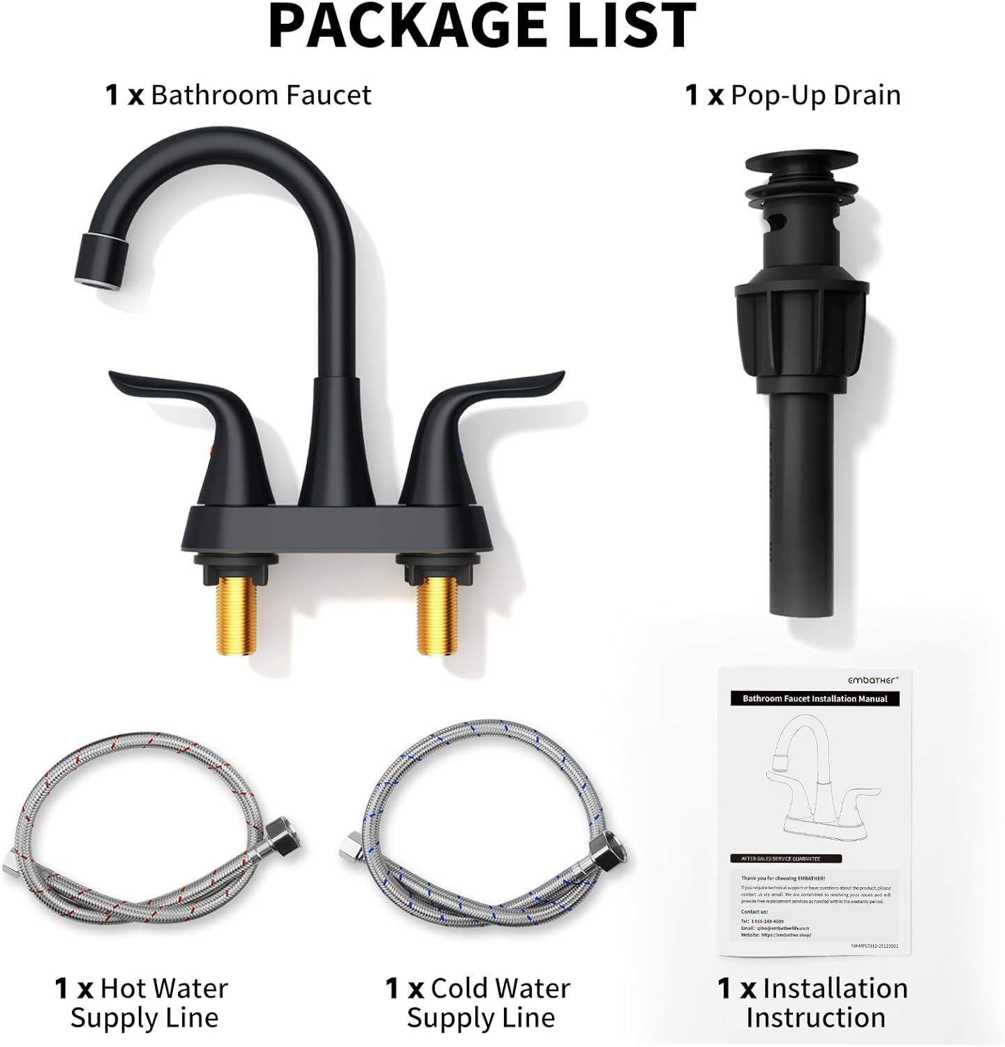 EMBATHER Bathroom Faucets Centerset, NSF Certified 4 inch Matte Black Vanity Faucet for Sink 2 or 3 Hole with Pop-up Drain and 2 Supply Hoses, 2 Handle Touch on Bathroom Sink Faucets