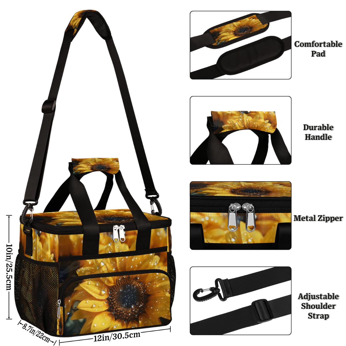 Summer Floral Insulated Picnic Backpack Lunch Box for Women Men Picnic Basket Tote Lunch Bag Picnic Bag Portable Lunch Bags for Picnic, Beach, Work, Trip,Office, Camp Sunflower Rain
