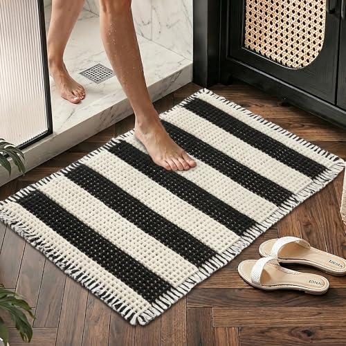 Matessenz Waffle Bath Mat 20x32 Super Absorbent Non Slip Bathroom Rug with Rubber Backing Machine Washable Soft Quick Dry Bath Mat for Bathroom Floor Boho Striped Bath Rug with Tassels Black White