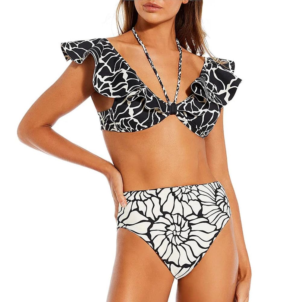 Damskie zestawy bikini Falbana Dekolt w szpic Nadruk Wysoki stan 2-częściowe / 3-częściowe kostiumy kąpielowe z kopertową spódnicą