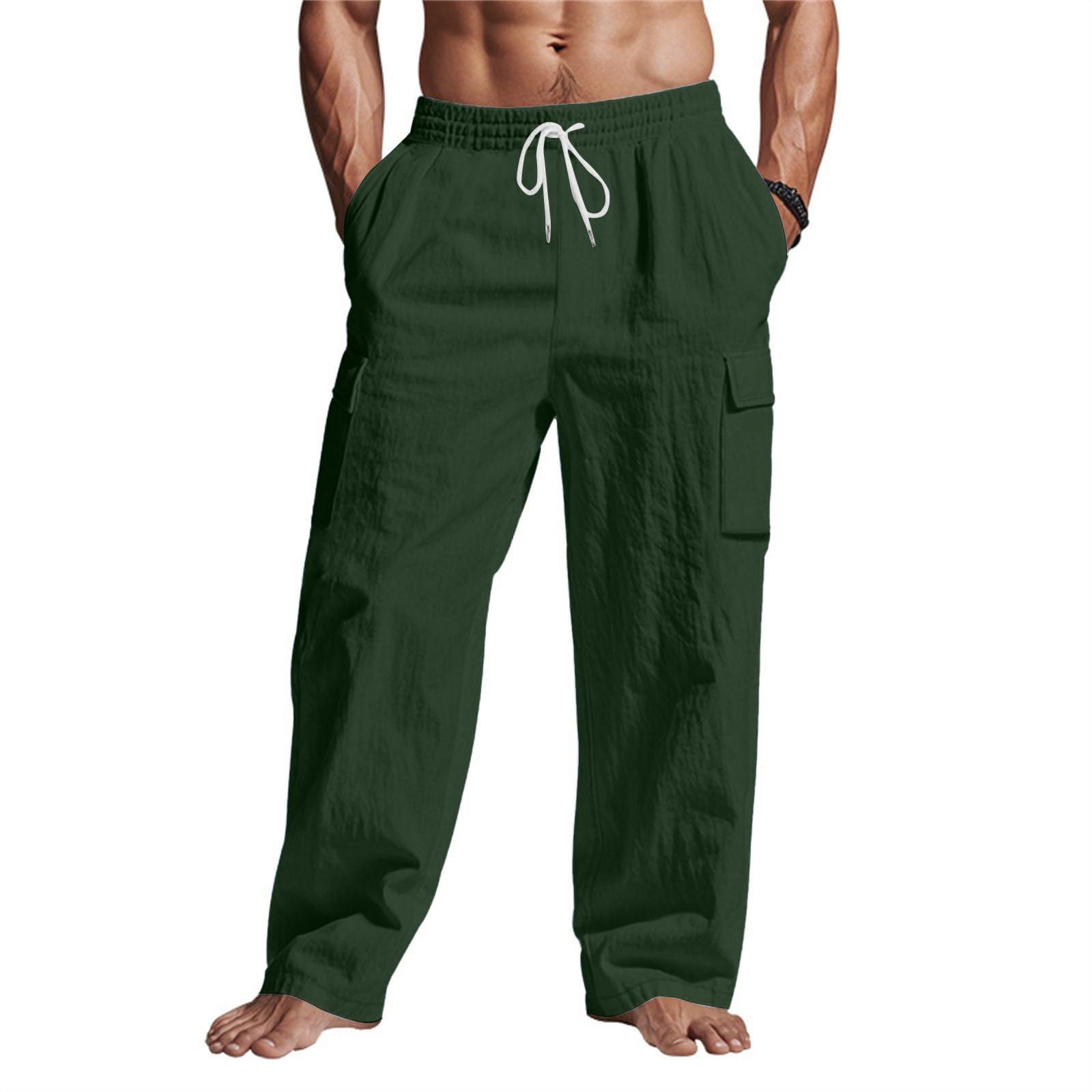 Linen Pants Men Elastic Waist Mencomfy Cargo Pants Loose Fit Beach Yoga Lounge Summer Pant with Pockets Cargo Linen Trousers Big and Tall Comfy Work Pant Tropical Summer Casual Trousers