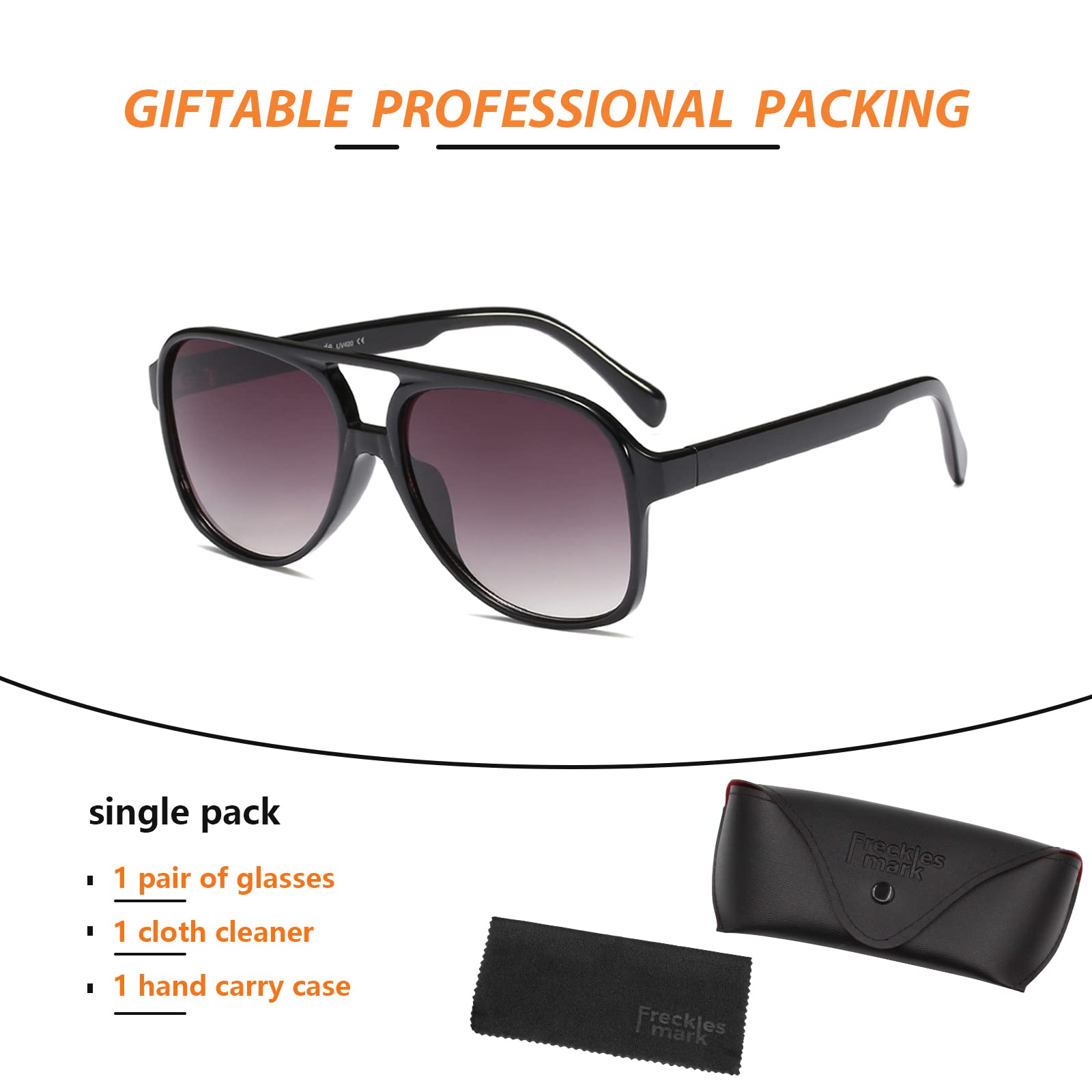 Freckles Mark Vintage Retro 70er Jahre Sonnenbrille für Damen Herren Klassisch Groß Quadrat Pilotenbrille Trendige Brille, Schwarz, Aufmaß