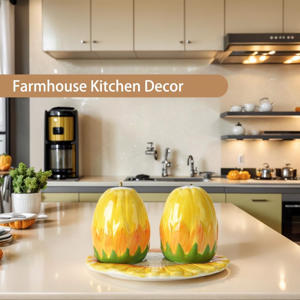 Hand-Painted Sunflower Ceramic Salt and Pepper Shaker Set - Farmhouse Kitchen Decor,Includes Storage Tray, Perfect Housewarming & Hostess,Birthday Gift