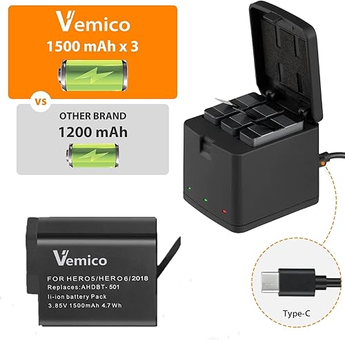 Miniatura 3 de Vemico Batería Gopro Hero 765 1500mAh Baterías de repuesto (paquete de 3) y cargador USB LED tipo C de 3 canales para Gopro Hero 7 NegroHero 6Hero