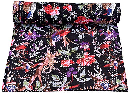 Sophia Art Hand Made Bird Print King Size Kantha Quilt Kantha Blanket Bed Cover King Kantha Bedspread Bohemian Bedding Kantha Size 90 Inch x 108 Inch (Black)
