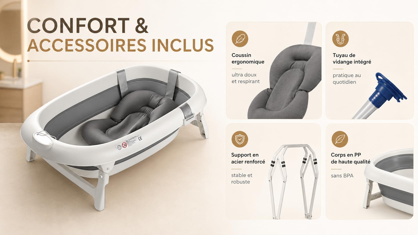Baignoire Bébé sur Pied Pliable – Support Renforcé en Acier – Thermomètre Intégré – Coussin Ergonomique – Tuyau de Vidange – Pieds Antidérapants – Baignoire Bébé Gain de Place – Bébé Dauphin