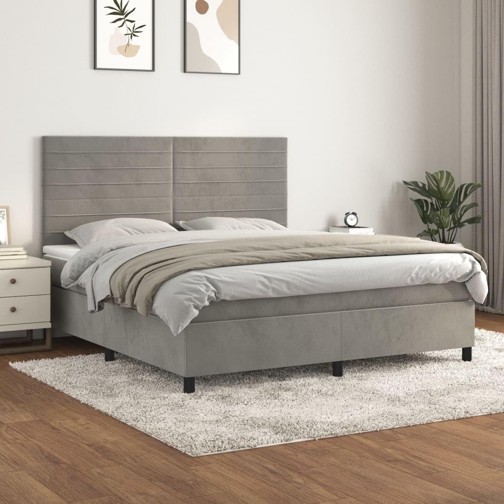 Aksamitne z regulowanym zagłówkiem Sprężyny kieszeniowe Szary 180x200 cm | Łóżko kontynentalne z materacem 180x200 aksamit jasnoszare z regulowanym zagłówkiem i ochraniaczem