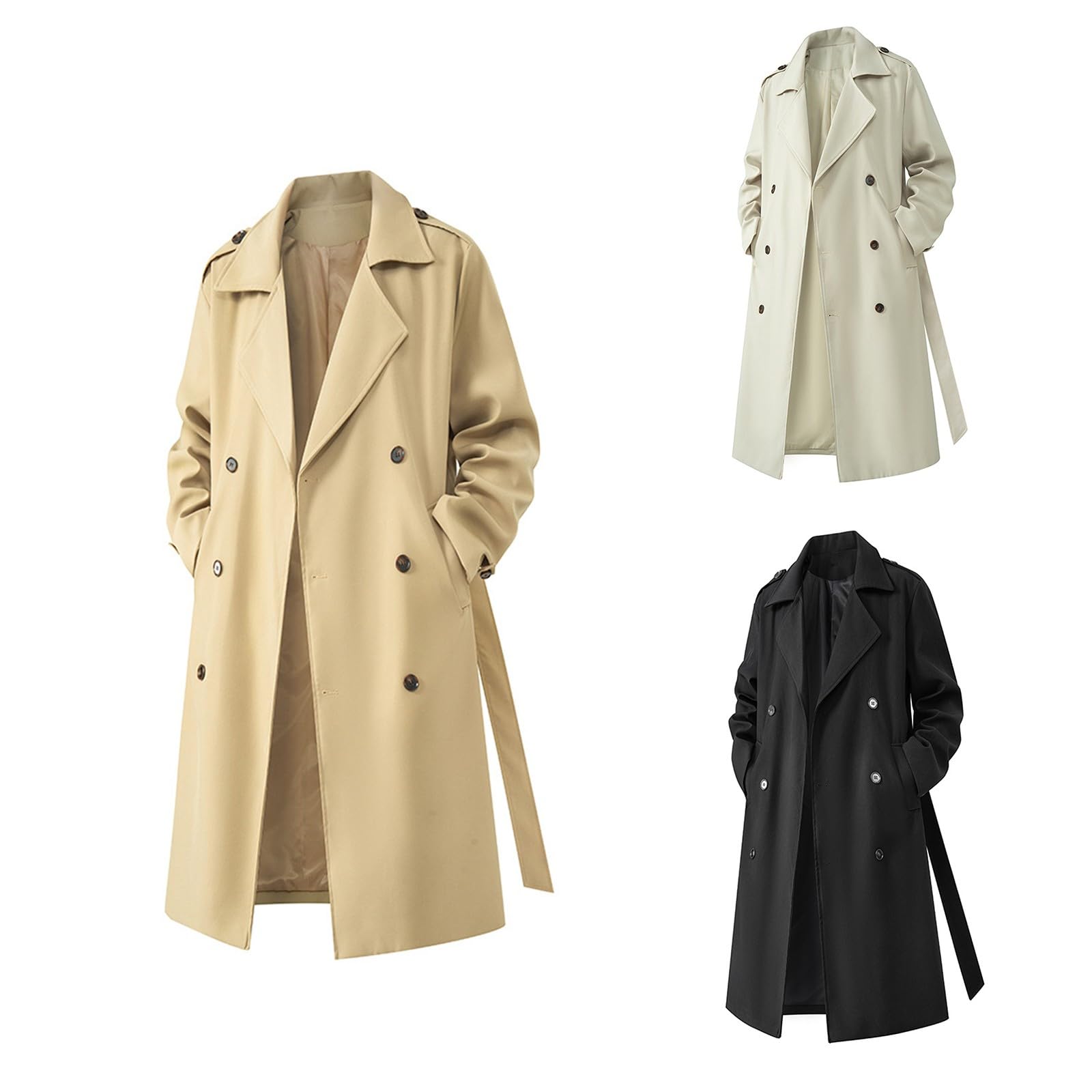 Generisch Trench Coat - Cappotto invernale lungo da uomo, a doppio petto, elegante, in tinta unita, slim fit, in nylon, con colletto a tacca e bottoni, antivento, per il tempo libero