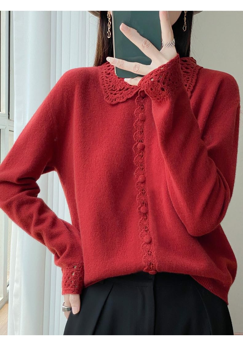 Cárdigan Lana Merino para Mujer con Cuello Peter Pan, Tapeta Encaje Festoneada, Manga Larga, Tejido Ajustado, Chaqueta Punto Suave Y Cálida para Oficina, Uso Diario E Informal.