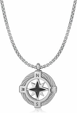 Stainless Steel Compass Necklace for Men, Silver Pendant Necklace for Men, North Star Design, Durable & Fade-Resistant Jewelry Gift for Him