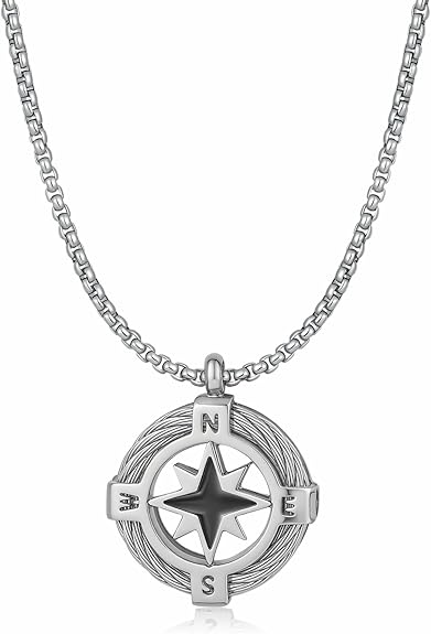 Stainless Steel Compass Necklace for Men, Silver Pendant Necklace for Men, North Star Design, Durable & Fade-Resistant Jewelry Gift for Him