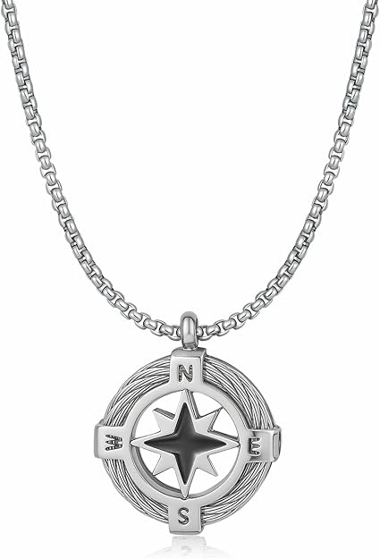 Stainless Steel Compass Necklace for Men, Silver Pendant Necklace for Men, North Star Design, Durable & Fade-Resistant Jewelry Gift for Him