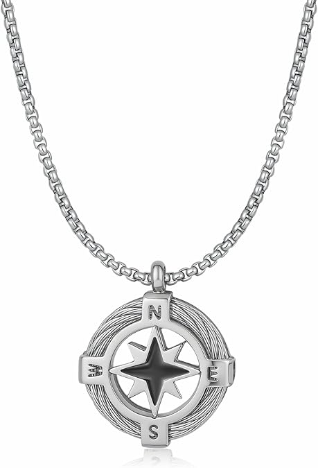 Stainless Steel Compass Necklace for Men, Silver Pendant Necklace for Men, North Star Design, Durable & Fade-Resistant Jewelry Gift for Him