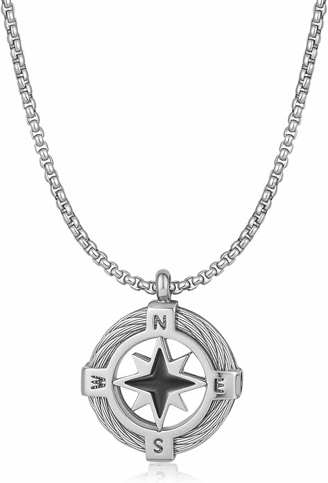 Stainless Steel Compass Necklace for Men, Silver Pendant Necklace for Men, North Star Design, Durable & Fade-Resistant Jewelry Gift for Him