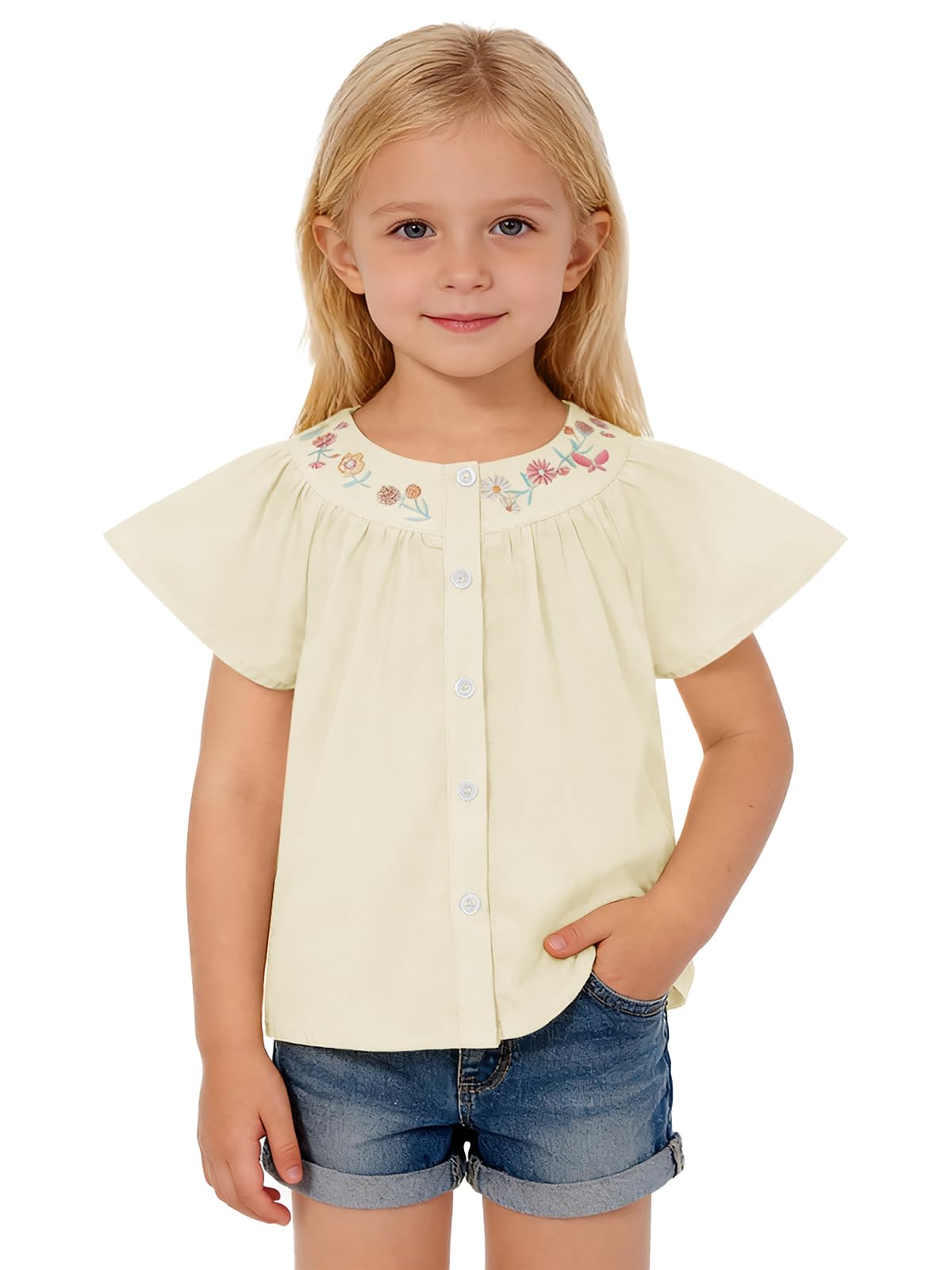 Toddler Baby Girl Flutter Short Sleeve Blouse Kids Flowy Button Down Shirts Cute Tops tee 9M-8Y