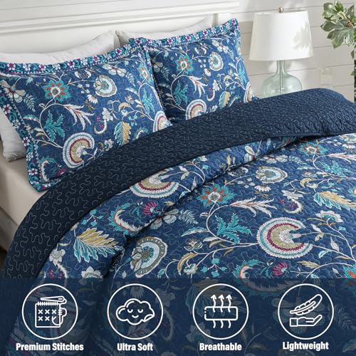 NEWLAKE Quilt Set Queen Size, Bedspread Sets Blue Botanical Floral Patterns, Reversible Quilt Bedding Set Lightweight and Breathable for All Seasons, Soft Quilted Bedspread with 2 Pillow Shams