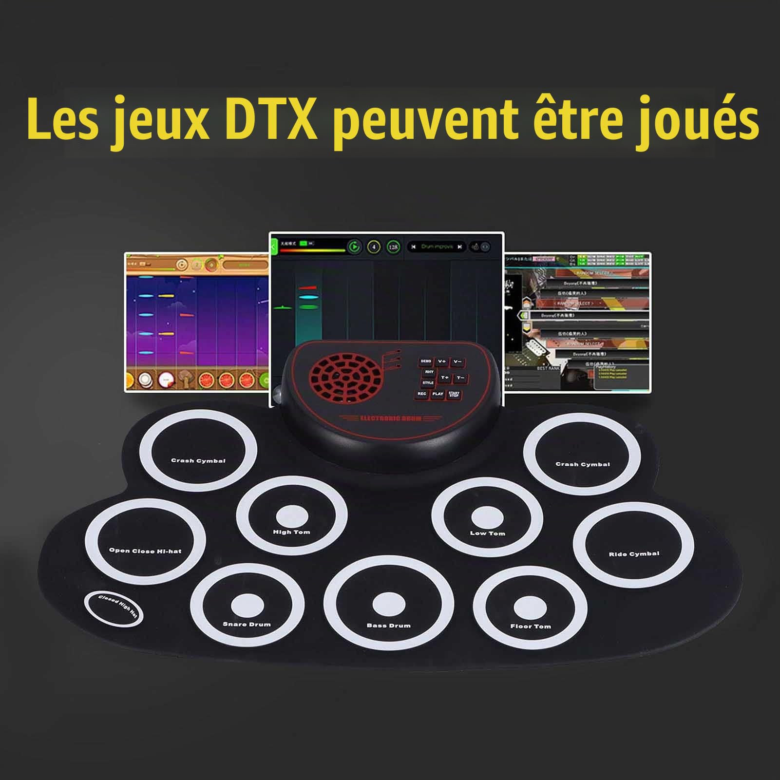 Batterie Electronique Enfant, Ensemble de Batterie Enroulable, 9 Pads, Kit de Batterie avec Pédales et Baguettes de Batterie, Double Haut-parleur intégré, Idéal