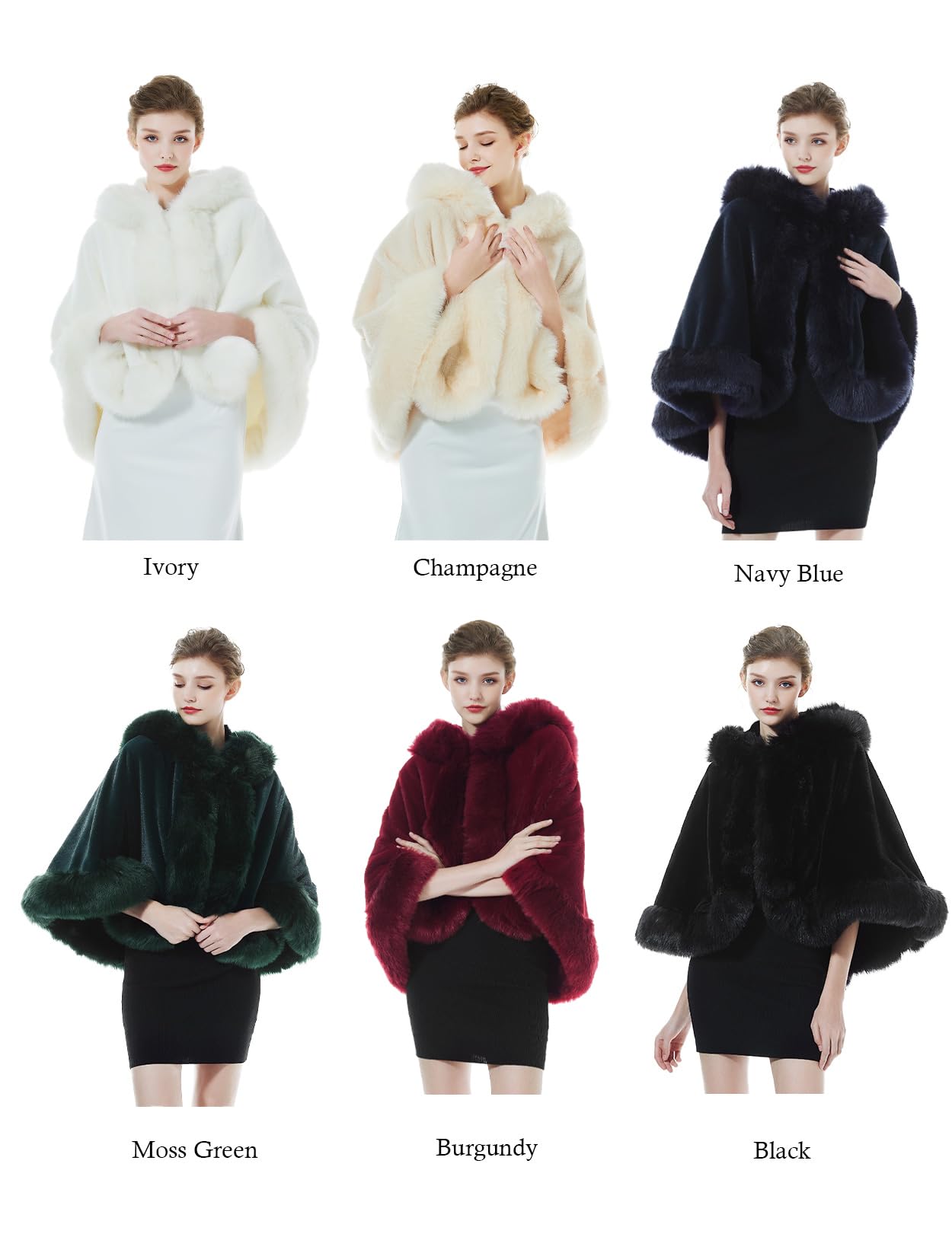 BEAUTELICATE Damen Kunstpelz Braut Umhang mit Kapuze Winter Braut Poncho Cape Kurz Warm Kunstpelz Stola Brautjacke für Hochzeit Abendkleid Elfenbein Schwarz