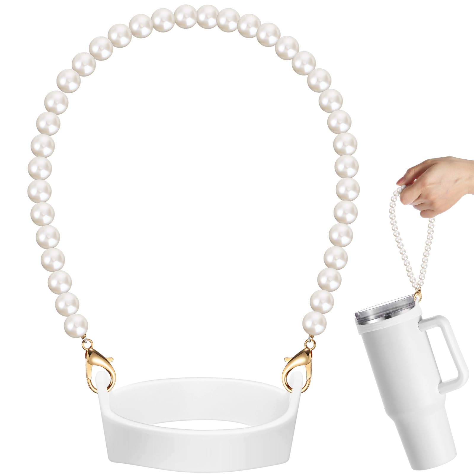SiliFine Silicone Water Bottle Handle Holder with Pearl Strap Compatible with Stanley Cup Accessories Charms Sling Water Bottle Carrier Holde Fits Most 8-40 oz Tumbler Gift for Woman(White)